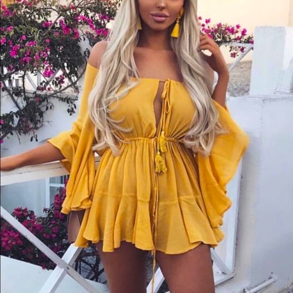 White Fox Boutique Marigold Yellow Tassel Tie Ruffle Romper Jumper - Picture 6 of 15